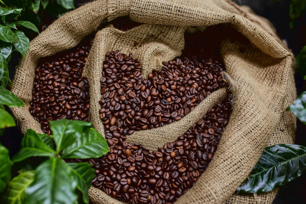 Coffee beans in a burlap sack, bitter