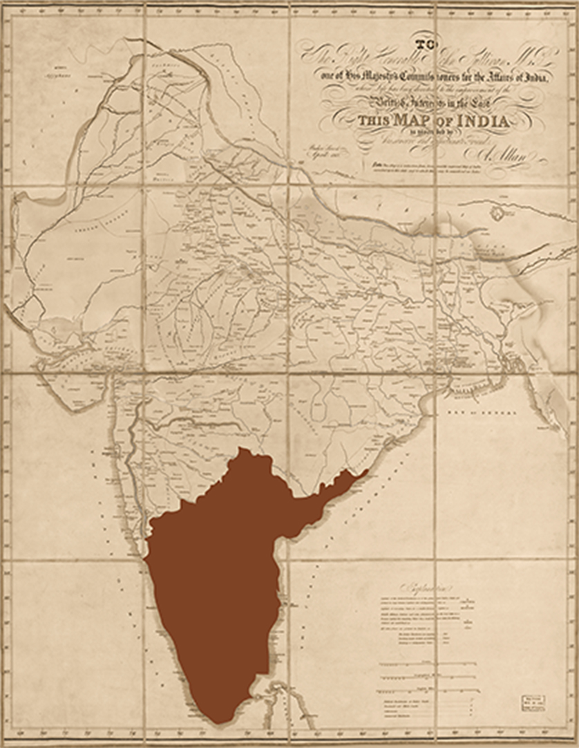 Map of India highlighting southern India where Ceylon Cinnamon is grown