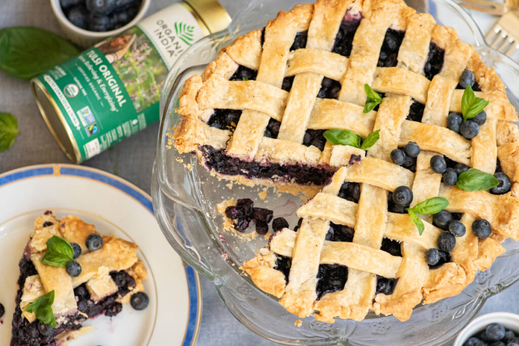 Holy Basil uses as blueberry pie with tulsi basil garnish