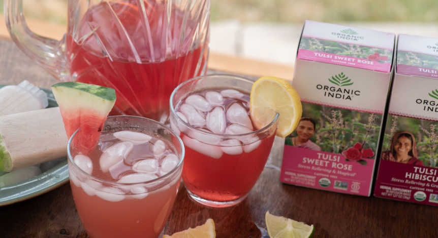 Tulsi Coolers featuring Tulsi Sweet Rose tea over ice with select ingredients.
