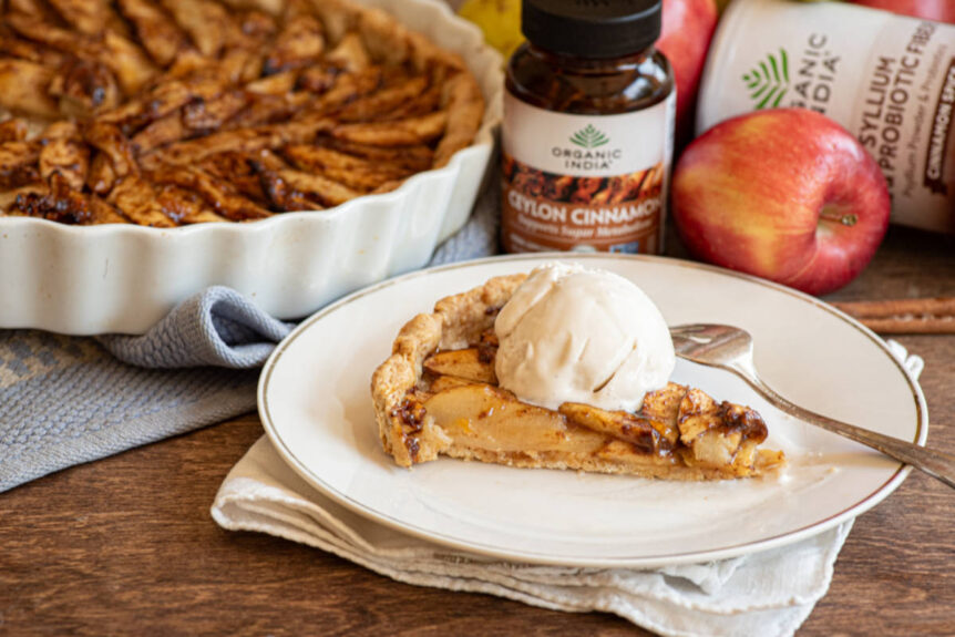 Apple pear tart with ceylon cinnamon and psyllium on white plate with ice cream