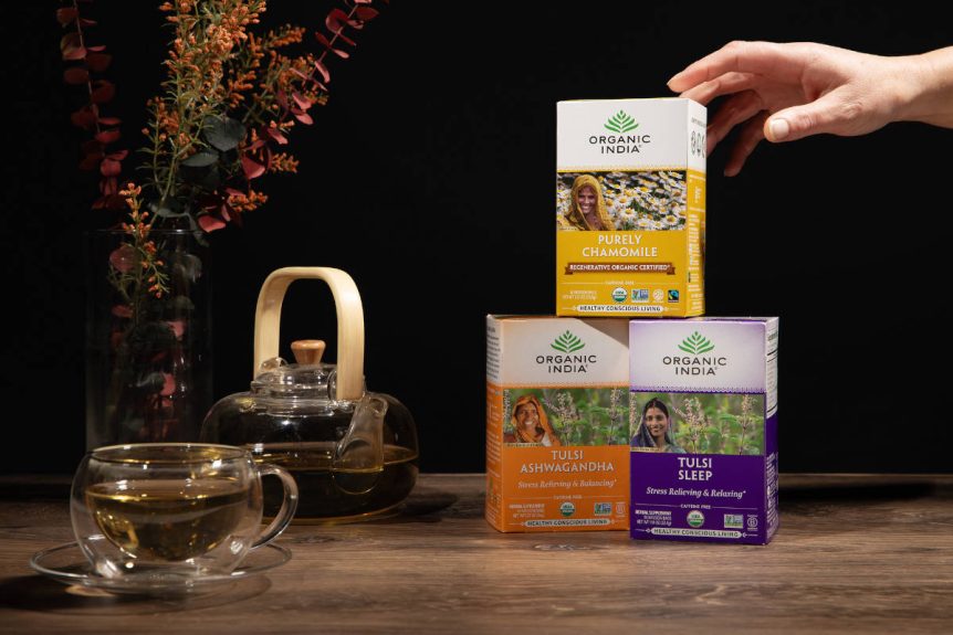 Three Ayurveda teas including tulsi sleep, chamomile, and tulsi ashwagandha