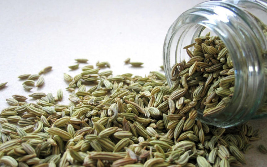 Fennel overflowing out of a clear jar onto a white table.