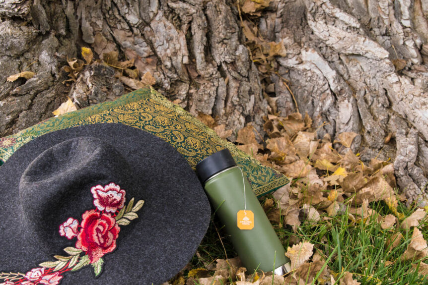 Eco-friendly tea in a reusable to-go mug resting against a tree on the grass.