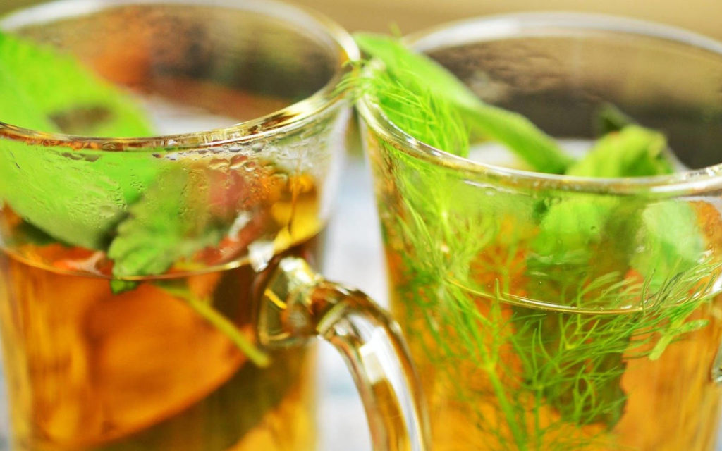 Two clear glass mugs of fennel seed tea with fresh green fennel leaves as garnish.