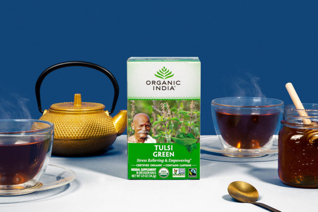 Tulsi green tea brew, featuring high quality darjeeling green tea.