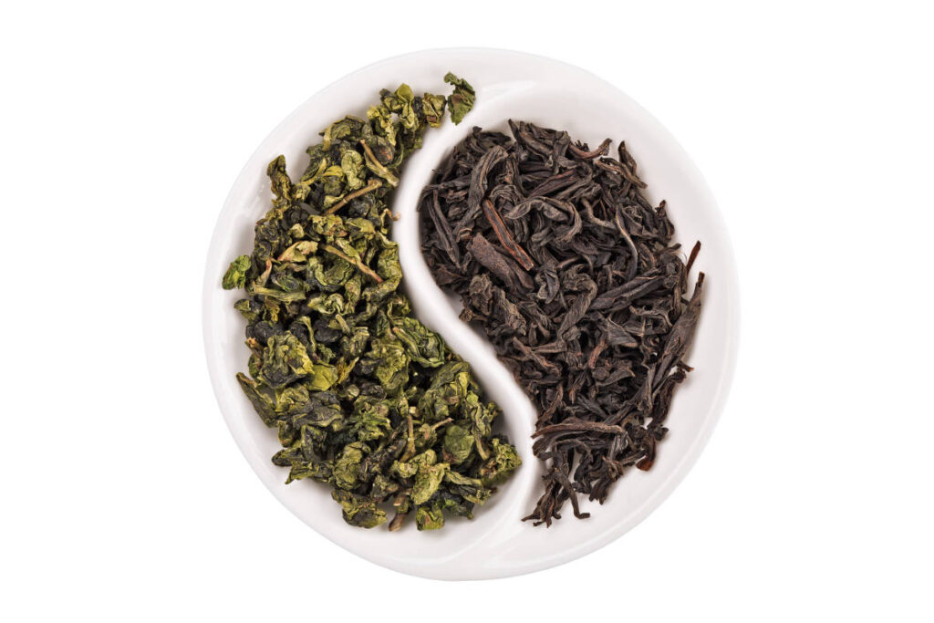 Black tea vs green tea loose leaf comparison in yin yang shaped white bowl