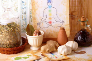 Herbs for the chakras with illustration of person and chakras on paper surrounded by herbs and roots.