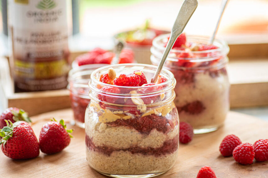 PB&J Overnight Oats with cinnamon spice psyllium pre & probiotic fiber and strawberry chia jam.