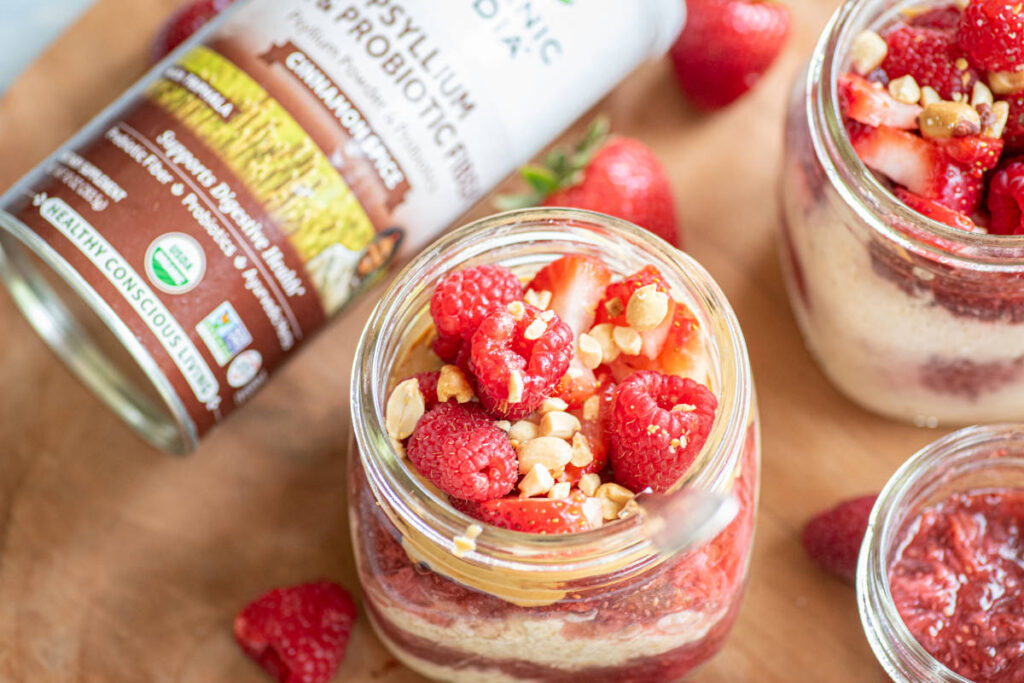 PB&J Overnight Oats with cinnamon spice psyllium pre & probiotic fiber and strawberry chia jam. 