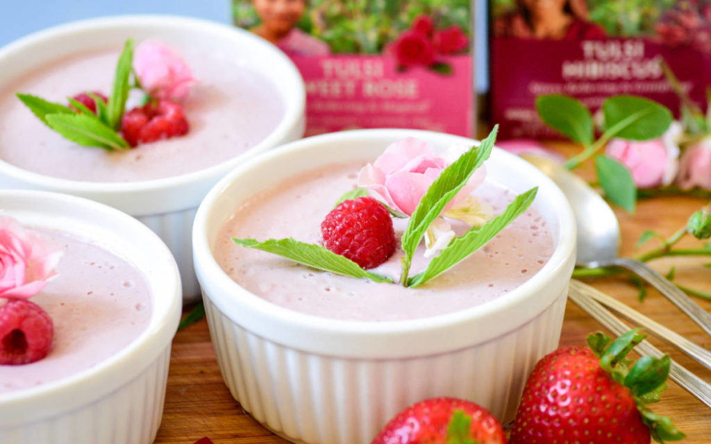 Pink Berry Mousse featuring Tulsi, Strawberries, raspberries and Organic India Hisbiscus and Sweet Rose. 