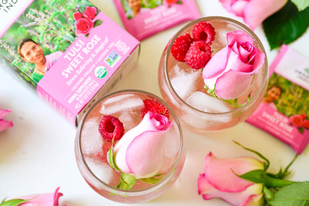 Tulsi sweet rose spritzer with rose blossom and raspberry