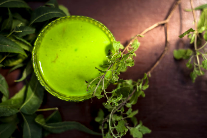 Tulsi for skin, in a juice form with fresh Tulsi leaves.
