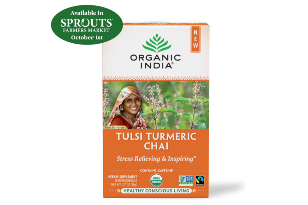 Box of new Tulsi Turmeric Chai, coming to Sprouts October 2023.