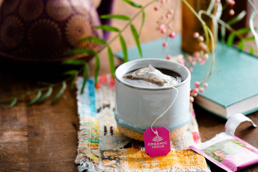 Used tea bags in mug of tulsi sweet rose tea